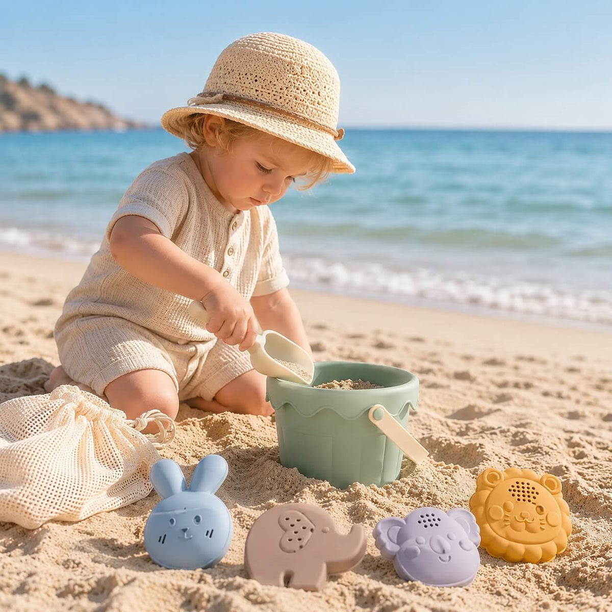 Sandspielset am Strand mit KI erstellt